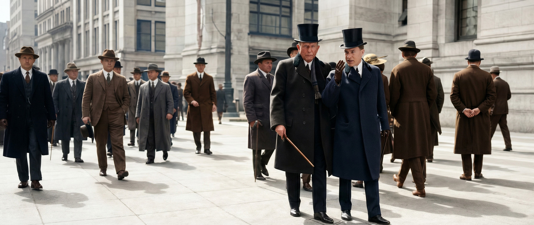 An older man counseling a younger one amid a crowd on a Gilded Age financial-district street