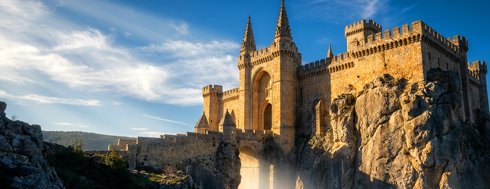 A monumental ancient stone fortress citadel built atop a massive natural rock outcrop at first light of dawn
